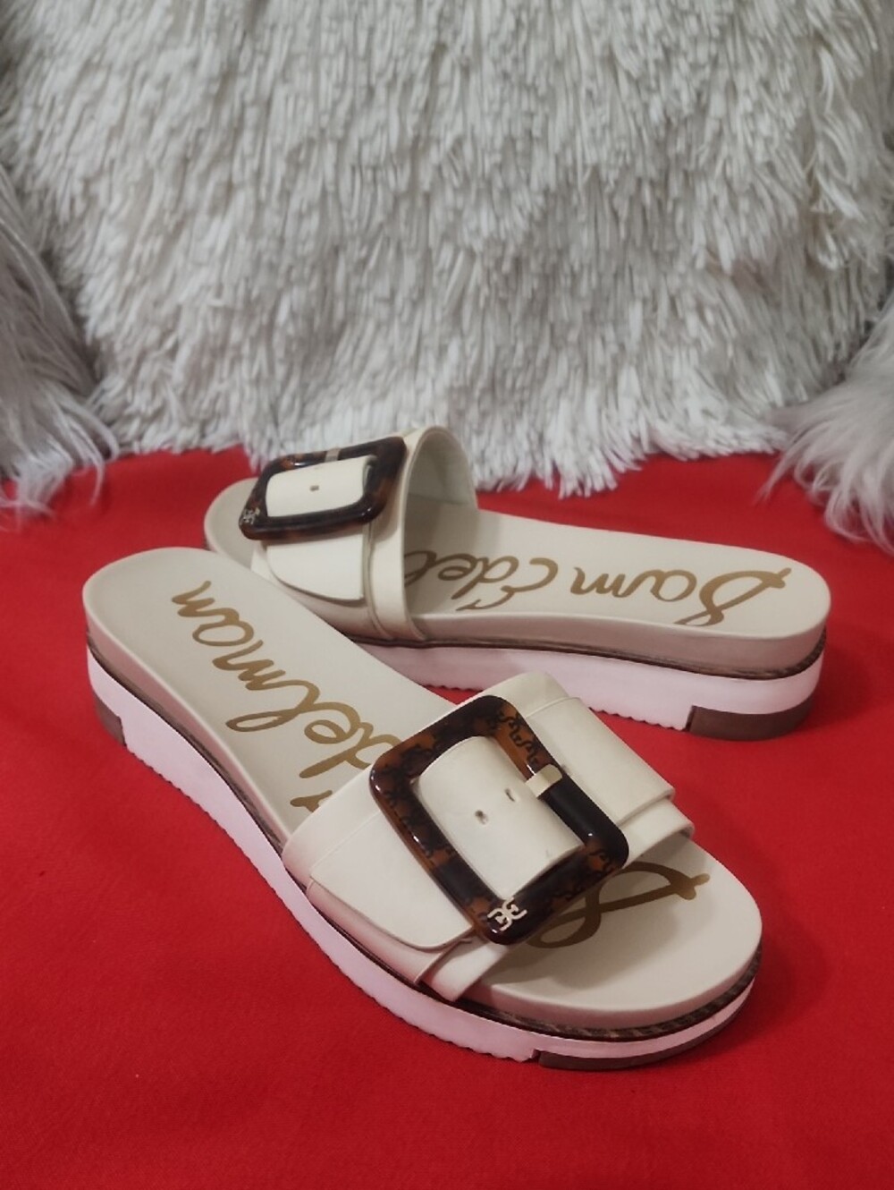 Sam Edelman ARIANE Cream Slide Sandals with Tortoiseshell Buckle Accent - Picture 4 of 10